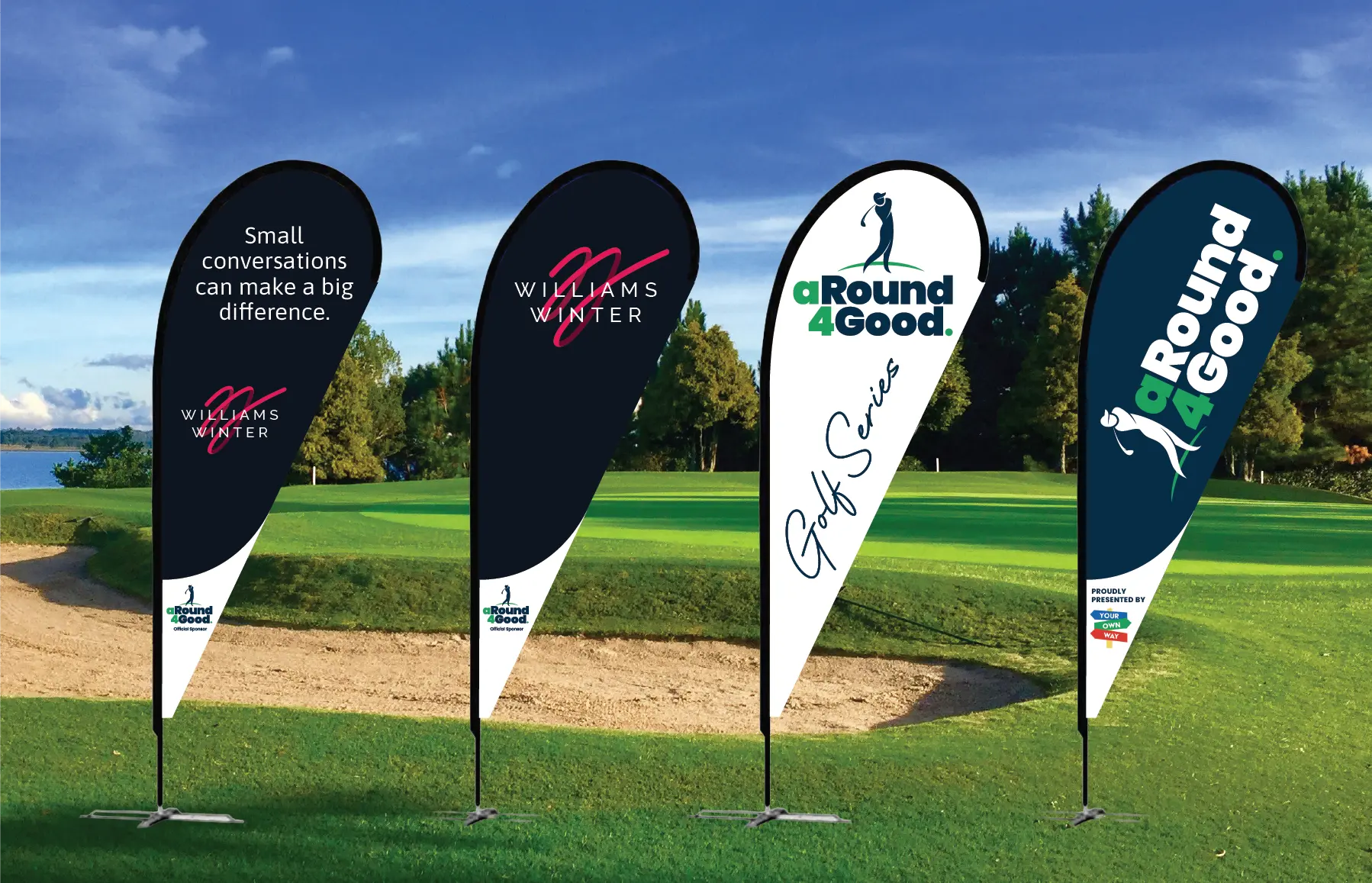 Golf course with teardrop banners